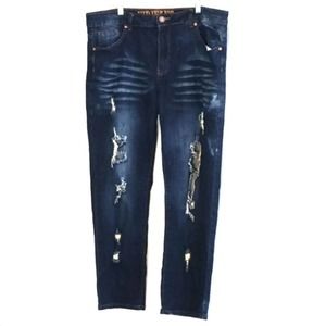V.I.P JEANS Plus Size 14‎ Dark Blue Stone Washed Distress Holes Whiskering Boho